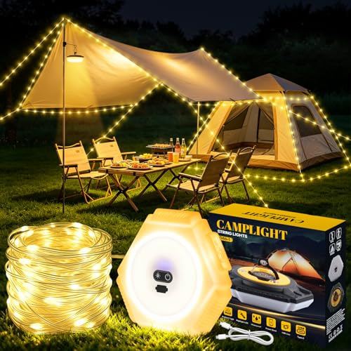WUQNGI Camping Lichterkette Aufrollbar 10M, USB Wiederaufladbar Campinglampe mit 7 Lichtmodi, LED Zeltlampe & String Lights Outdoor, IPX4 Wasserdicht für Camping, Wohnmobil, Garten, Party