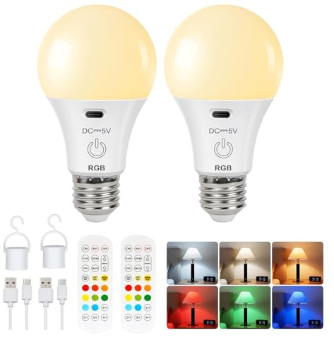 FRIDEKO HOME 2 Stück Aufladbare Glühbirne mit Fernbedienung 2600mAh E27 | Smart Farbwechsel Farbige RGB Touch Control Dimmbare Akku Lampe mit Timing Funktion