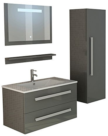 Jet-Line® | Badmöbelset St. Moritz | Waschbecken | Waschtisch | Set | Spiegel mit LED Beleuchtung | Badezimmer Set mit Soft Close | Hochschrank | Ablage | schwarz Hochglanz