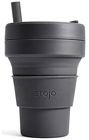STOJO On-The-Go Biggie Collapsible Coffee Cup with Lid - 16oz / 473ml - Reusable & Foldable Silicone Travel Mug - Portable, Pocket Size - Dishwasher Safe - Carbon