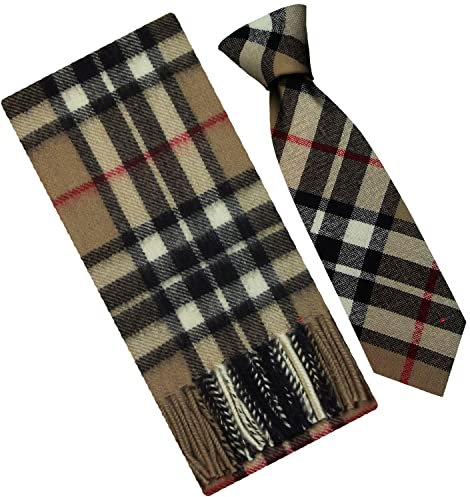 I LUV LTD Thomson Camel Modern Tartan - Karierter Lammwollschal & Krawatten-Geschenkset