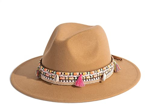Damen Filzhut Fedora Hut breite Krempe Panama Hüte mit Quaste - Braun - Einheitsgröße