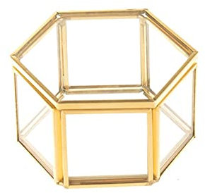 Wohlstand Schmuckkästchen aus Glas, sechseckig, Aufbewahrungsbox, Schmuckbox, transparent, geometrisch, goldfarben, für Ringe, Ohrringe, Halsketten, Glas