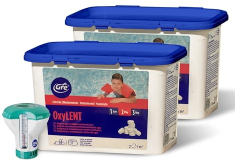 Oxígeno activo Gre en pastillas de 20 g – Oxi Lent 2,4 kg (1,2 x 2) + Dosificador flotante para piscina y spa hidromasaje