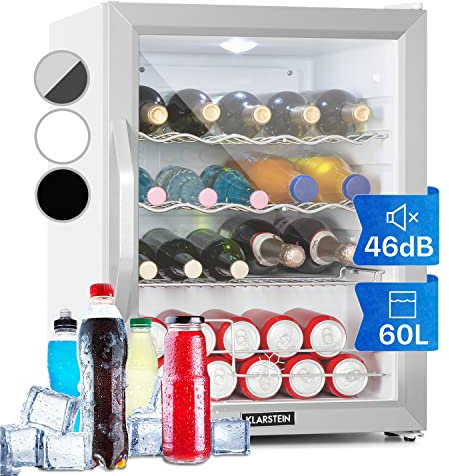 KLARSTEIN Nevera Pequeña Portatil Electrica para Bebidas, Mini Frigorifico con Estantes y Puerta de Cristal Habitaciones, 60L