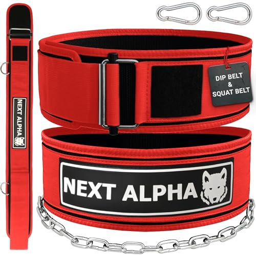 Next Alpha Gewichthebergürtel & Dip Gürtel-Kombination - Custom Weight Lifting Belt für Herren und Damen - Selbstverschluss- & Schnellverschlussschnalle - Mit Kette - Rot - Large