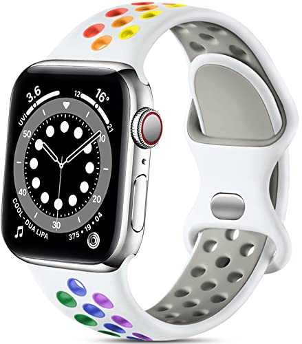 Epova Silicone Sport Strap Compatible with Apple Watch Strap 38mm 40mm 41mm 42mm, Breathable Replacement Straps for iWatch SE Series 10 9 8 7 6 5 4 3 2 1, White/Rainbow, Large
