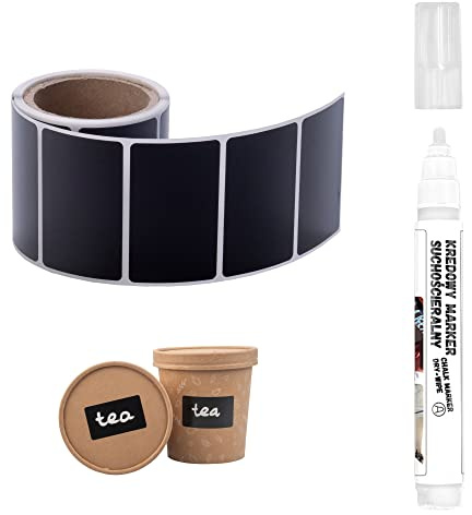MD Labels Etiquetas de pizarra de 50 x 30 mm, 100 unidades, color negro, autoadhesivas, para vasos, especias, regalos, etiquetas autoadhesivas + marcador de tiza blanca