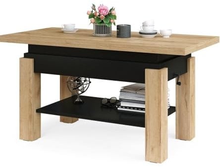 All4All Couchtisch Bresso 130x65 - Wohnzimmertisch - Klapptisch - Couchtisch höhenverstellbar - mit Ablagefach - Sofatisch mit Stauraum - Gold Craft mit Schwarz 05 (Gold Craft Eiche + Schwarz)