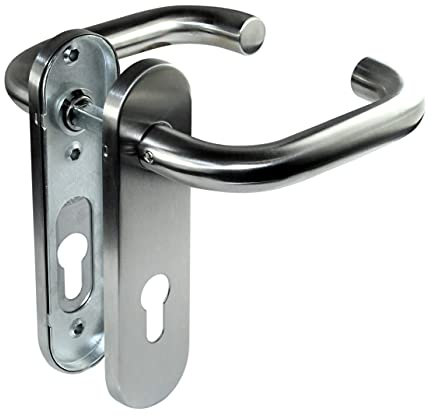 SN-TEC Stahltür FH Tür Beschlag für Feuerschutztüren, mit beidseitig Drücker, abgerundetes Schild, Edelstahl Matt A2 nach DIN 18273 FS