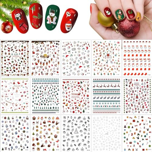 Kalolary 15 Blatt Weihnachten Nagelsticker Abziehbilder, Nagel Sticker Abziehbilder Selbstklebend Schneeflocken Elch Schneemann Nail Art Tipp 3D Tattoo Design für Weihnachten Nagel Dekoration