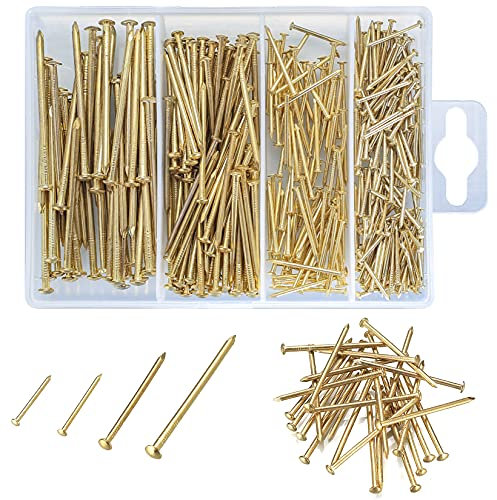 350PCS Brass Gold Nails and Pins Assortment, Brass Plated Nails for Wood Working Panel Pins Gold Nail Tacks for Wall Hanging(20mm/25mm/40mm/50mm)
