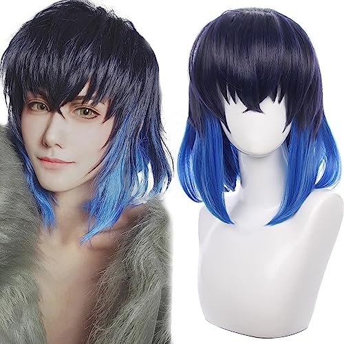 maysuwell Anime-Perücke Cosplay-Perücke Kurzes Haar in Schwarz-Blau-Gradient für Halloween, Karneval, Kostümparty mit Perückenhaube