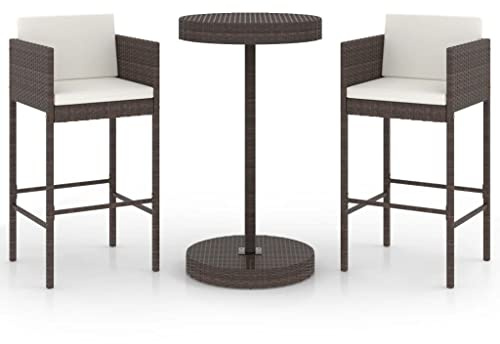 vidaXL Garden Bar Set 3 Piece with Cushions Outdoor Patio Terrace Backyard Furniture Dining Table and Chair Seating Poly Rattan Brown