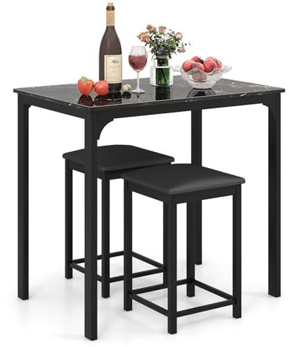 GiantexUK 3 Pieces Dining Table Set, Kitchen Counter Table Bar Table and Stools Set with PU Leather Pad, Breakfast Height Pub Table for Dining Room Kitchen Living Room (Black)