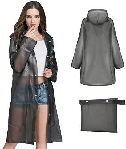 Kcmell Regenmantel Erwachsene Regenponchos, Wasserdicht Regenponcho für Herren & Damen, Wiederverwendbare Regencape Tragbare EVA Regenbekleidung für Wandern Camping Reisen - Schwarz Transparent