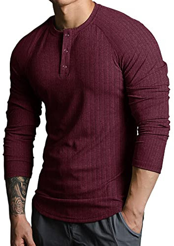 Lehmanlin Langarmshirts, Henley Langarm Pullover, Slim Fit Sport Muskelshirts (Rot/L)