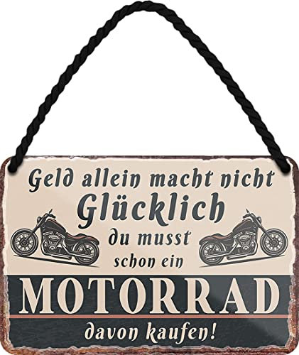 WOGEKA ART Retro Blechschild - Geld allein macht nicht glücklich, musst Motorrad kaufen - lustiger Spruch als Geschenkidee für Biker zu Geburtstag Weihnachten 18x12 cm Vintage Hängeschild HS1078