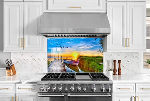 Myphotostation Nature Tempered Glass Backsplash 70WX43H'' Sunset View Splashback for Kitchen Decor Bathroom Wall Protector Stove Backsplash Panel Tile Glass Splashback Sail Boat on Lake