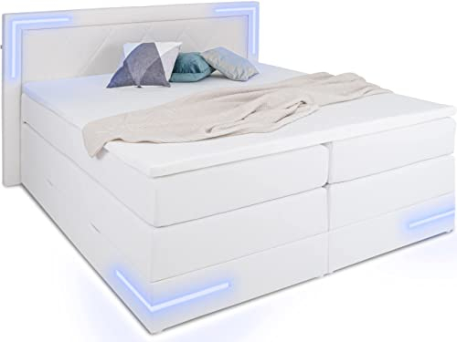 wonello Boxspringbett 160x200 mit Bettkasten und LED-Beleuchtung - gemütliches Bett mit LED Beleuchtung - Stauraumbett 160 x 200 cm mit Matratze und Topper - weiß Kunstleder