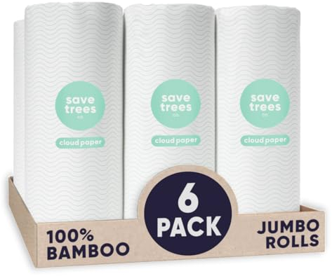 Save Trees Toallas de papel de bambú, 6 unidades, 750 hojas, rollos de toallas de papel, ultra absorbentes y duraderas, ecológicas, certificado FSC, totalmente libres de plástico y veganas