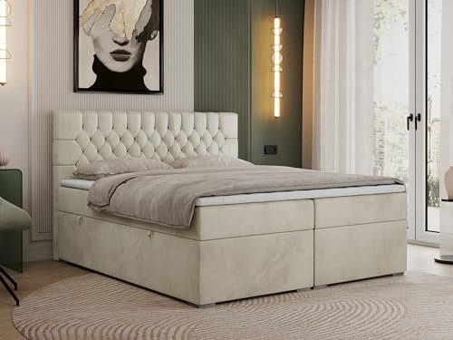 MKS MEBLE Boxspringbett 140x200 cm mit Bettkasten, Premium Multipocket Matratze H3 mit Topper T25, Doppelbett mit Kopfteil PERA - Beige Velvet