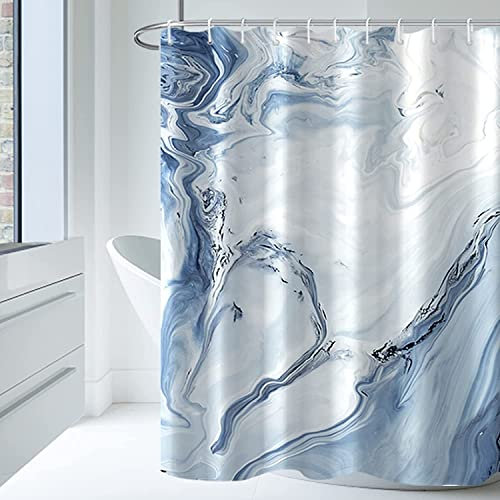 MIRRORANG Duschvorhang mit 12 Haken, Stoff Hellblau Marmor Duschvorhang für Badezimmer, 100% Polyester,183x198cm