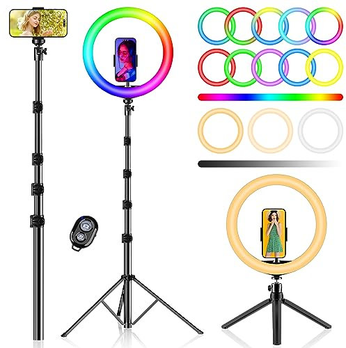 PEYOU 12 Aro de Luz con Trípode para Movil,186CM Ring Light 38 Modes RGB con Función Bluetooth Selfie y Mini Trípode Extra,para Youtube/TikTok/Twich Live/etc.