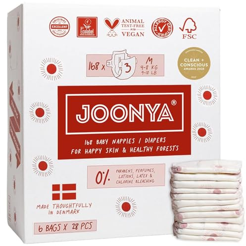 Joonya Baby Windeln, Größe 3 M (4-8 kg) - 6 Beutel mit 28 Stück (168) - Schadstofffrei, Umweltfreundlich, Hohe Saugkraft, Für die Nacht, Ultraflach & Weich - Hergestellt in Dänemark