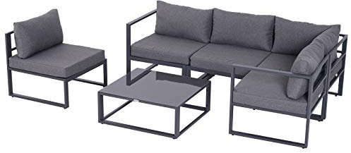 Outsunny 6-TLG. Gartengarnitur Gartenset Gartensofaset Sitzgruppe Gartenmöbel Alu+ Polyester + Hartglas Grau 4 x Sessel 1 x Ecksofa 1 x Beistelltisch Kissen für 4–5 Personen