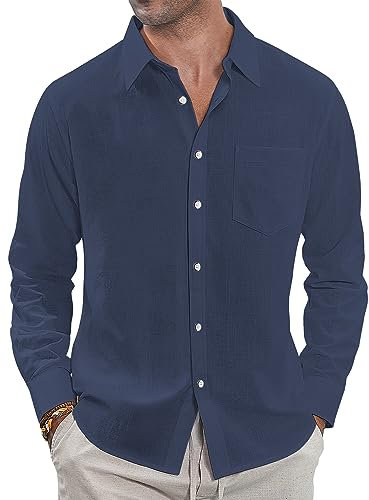 J.VER Men's Long Sleeve Linen Shirts Regular Fit Casual Cotton Solid Lightweight Summer Beach Shirt with Pocket Navy M