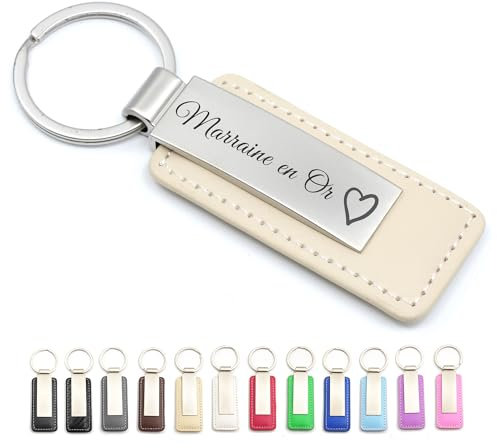 Porte-clés personnalisé en cuir et métal - Idée cadeau homme femme ou couple, cadeau personnalisé porte clé marraine parrain, cadeau père, mère (Crème - Avec personnalisation)