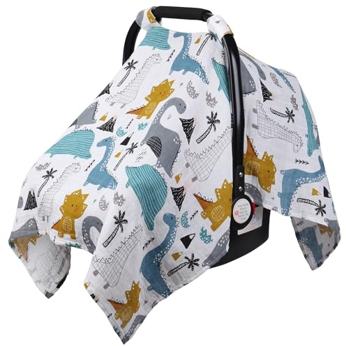 Rquite Autositzbezug für Babys, Autositzbezüge für Mädchen und Jungen, Musselin-Baumwolle, leichter Autositzbezug, atmungsaktiv, Babytrage, Sommer-Kinderwagen, Sonnenschutz, Dinosaurier