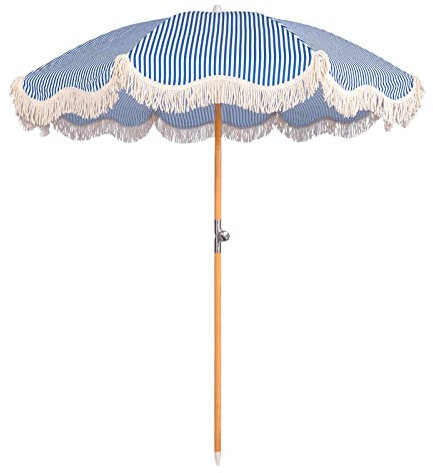 Mansader Parasol de plage bohème pliable avec franges, UPF 50+ avec sac de transport, mât en bois de qualité supérieure pour extérieur, jardin, pelouse, piscine, cour, table de 2 m, bleu