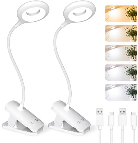 CUHIOY 2Pack Clip on Reading Light for Bed, Rechargeable Battery, 5 Color 5 Brightness & Touch Control Headboard Lamp, Large Clamp Desk Lights with Flexible Neck, Eye Protect, for Dorm Bedside, White