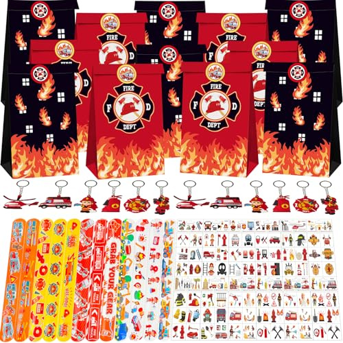 PQKL-party Feuerwehrmann Party Mitgebsel, Feuerwehr Pinata, Feuerwehr Kindergeburtstag, Feuerwehrmann Geschenktüten,Schlüsselanhänger,Schnapparmband,Temporäre Tattoos,Feuerwehr Spielzeug für Jungen