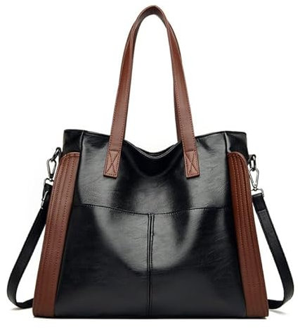 Yaldomt Groß Damen leder handtasche: schwarz shopper tasche mit Beutel für iPad, Bücher, Handy - Schulter Satchel arbeitstasche mit verstellbarem Trageriemen für Mädchen (Schwarz)
