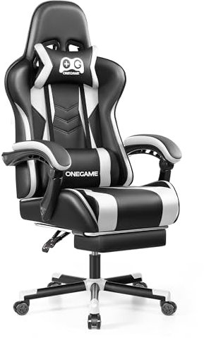 OneGame Chaise Gaming avec Repose-Pieds, Chaise d'ordinateur, Bureau Gaming Ergonomique, réglable en Hauteur Fauteuil Gaming vidéo Confortable, Blanc