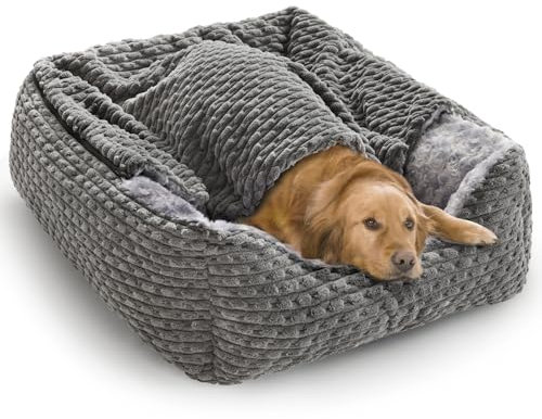 Heymamba Extra Large Dog Bed Rectangle Large Pet Beds Grey, Hooded Pet Cave Bed with Designed for Wheat Grain, Soft Rose Fluff XL Dog Cave With Nonskid Bottom for Labrador, 90x65x23cm