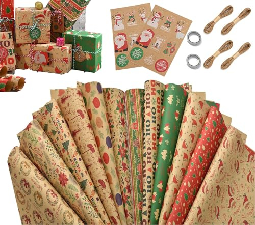Geschenkpapier Weihnachten Set, 12 Stk 70X50cm Kraftpapier weihnachtsgeschenkpapier und 18 Geschenkanhänger 4 Juteschnur, Recycling Weihnachten Geschenkverpackung (Set A)