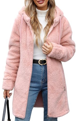 RITOSTA Felpa Pile Donna Lungo Felpe con Cappuccio Cappotto Invernale Giacca Elegante Caldo Giaccone Giubbino Cappotti con Zip Tasche Termica Sweatshirt Manica Lunga Cardigan Hoodie (Rosa,XXL)