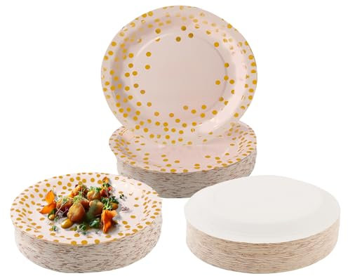 CYZBL 50Pcs Disposable Plates 7 Inch - Gold Foil Polka Dots Paper Plates, Graduation Party Paper Plates, Party Tableware for Wedding, Children's Birthday, Camping, Picnics (A)