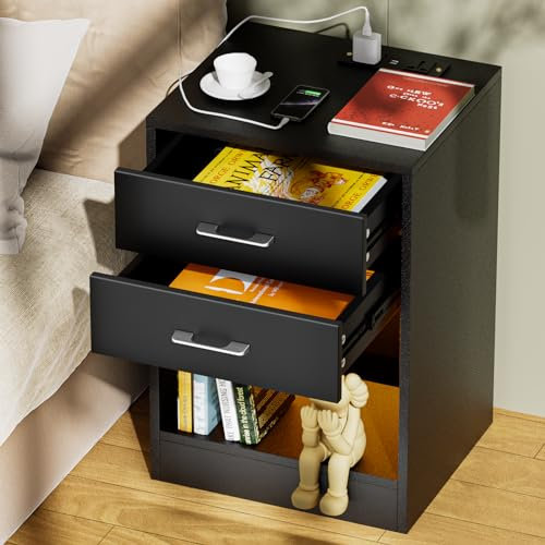 Lvhcmfohm Table de Chevet Mat avec Station de Charge, Table de Nuit avec lumière LED et USB, Chevet de Lit avec 2 Tiroirs (Noir, 40x35x60cm)