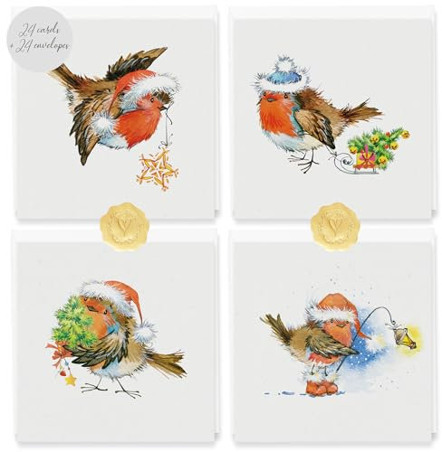 Weihnachtskarten mit Umschlag Set 24 Stück - Rotkehlchen Weihnachtskarten - Kleine Weihnachtskarten Klappkarten A6 Merry Christmas Cards Set - Karten Weihnachten Grußkarten Postkarten für Weihnachten