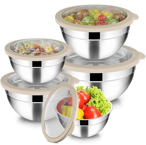 Joyfair Juego de 5 cuencos de acero inoxidable con tapa hermética transparente, 4,5 L, 2,7 L, 1,5 L, 1,2 L, 0,7 L, apilable, ensaladera para servir, cocinar, hornear, apto para lavavajillas, color