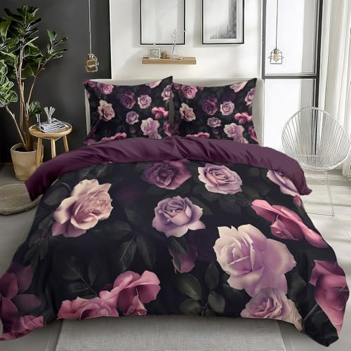 Queen Size Duvet Cover Vintage Roses Bedding Set with 2 Pillowcases Soft Non Iron Microfiber Bed Cover Dark Purple Hypoallergenic Duvet Cover Set
