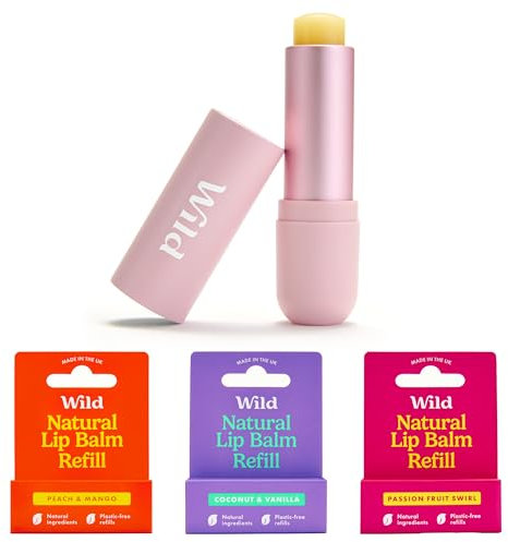 Wild Natürliches Nachfüllbares Lippenbalsam-Starter-Set - in Rosa Aluminiumcase & 3er-Pack Lippenbalsam in verschiedenen Duftnoten - enthält die Düfte Peach & Mango, Coconut & Vanilla und Passionfruit
