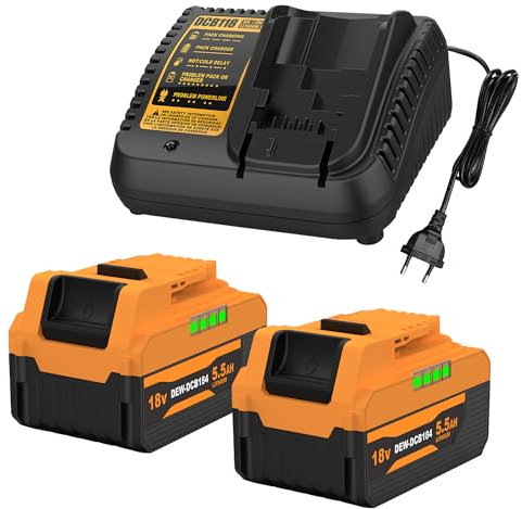 Energup 2 Pezzi 18V 5500mAh Batteria per Dewalt Batteria 18V con Caricabatterie DCB184 DCB180 DCB181 DCB182 DCB183 DCB205