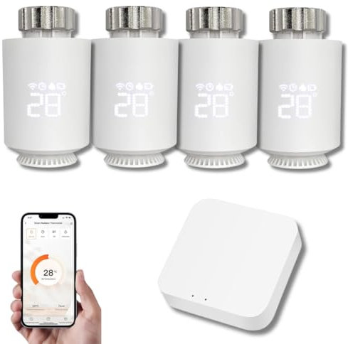 REKA Intelligenter Thermostatkopf – Temperaturkontrolle über Tuya App, Programmierung, Erkennung von offenen Fenstern – kompatibel mit Sprachassistenten (4, mit Gateway)