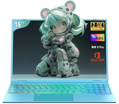 Amita 16 Blue Laptop Ultra-Narrow bezels 2.5K FHD(2560x1600) IPS Screen, Celeron N95 DDR4 16G RAM, 1TB SSD [Win 11 Pro&Office 2019] Notebook Color Backlit KB/WiFi/Type-C/HDMI (Blue, 16+1TB)